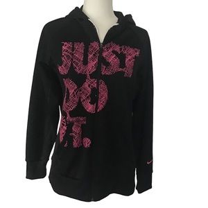 NIKE “Just Do It” Athletic Jacket Hooded Black & Pink Zip Up Long Sleeves Size M